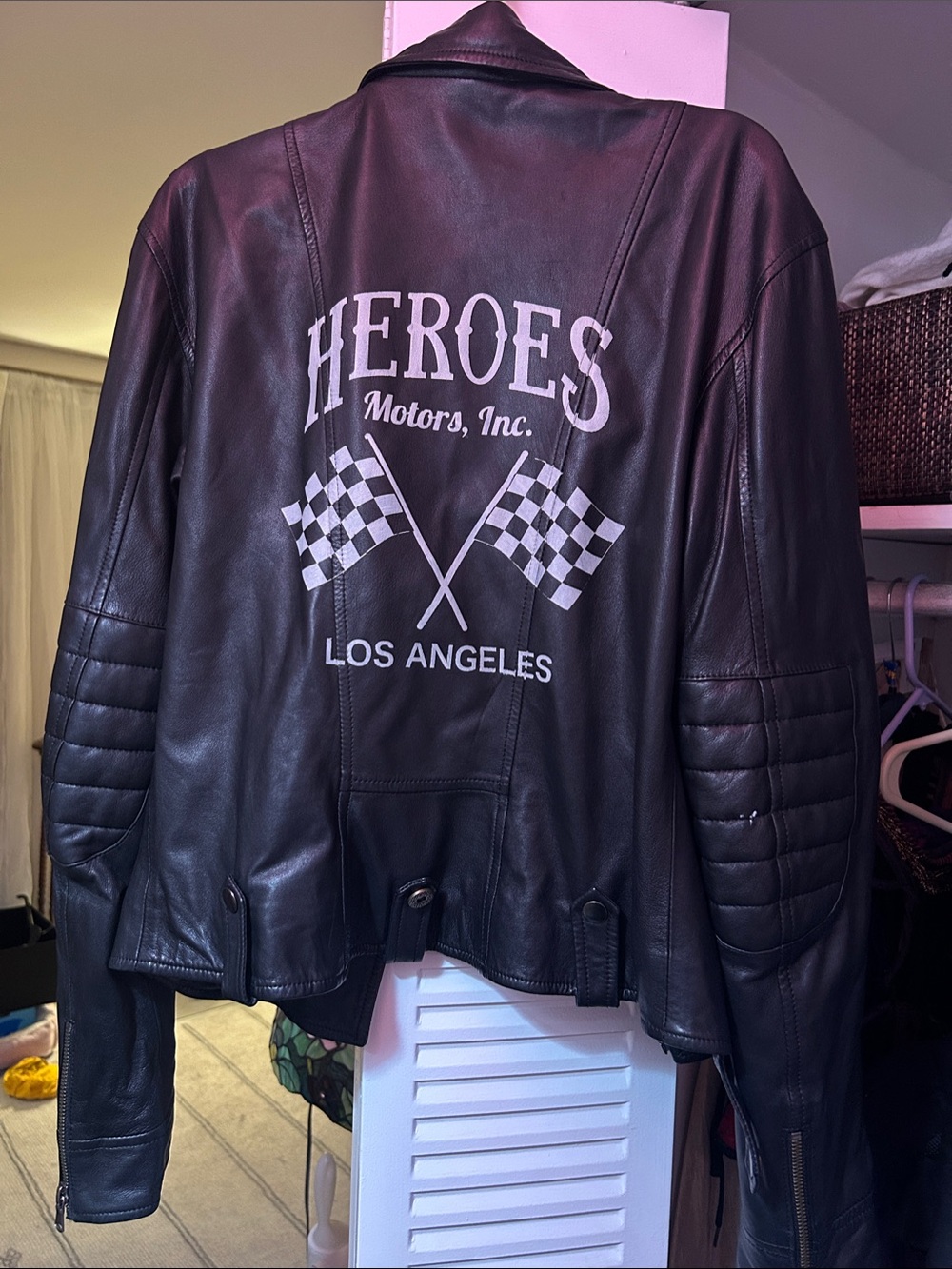 Heroes Motors Black Leather Jacket with Racing Back Print